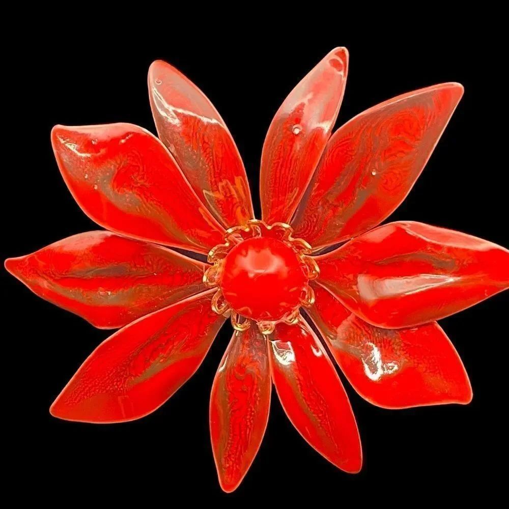 Vintage Red Poinsettia metal brooch with plastic center 50s 60s no chips